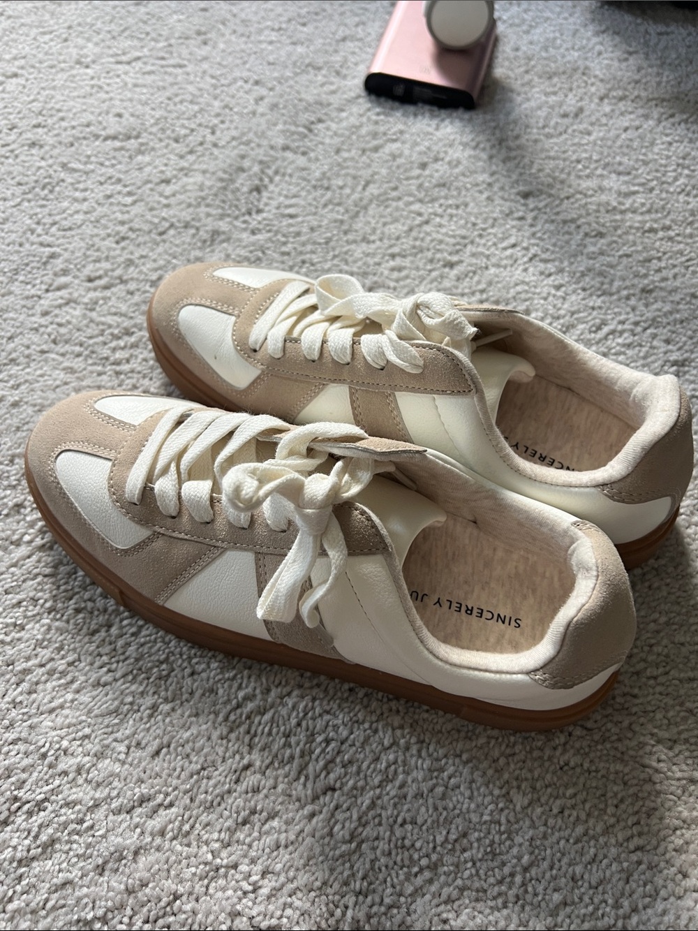Sincerly Jules Cream and Beige Suede-Trim Sneakers